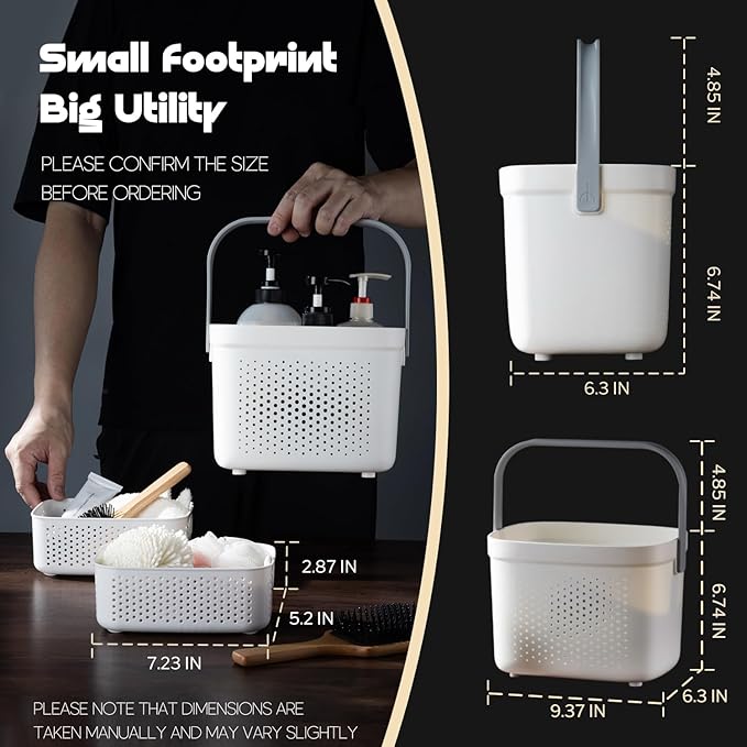 LivLab Mker Portable Shower Caddy, Cleaning Supply Organizer with Handle, College Dorm Room Essentials, Camping Tote Basket - Bathroom Storage Organizer, White Grey