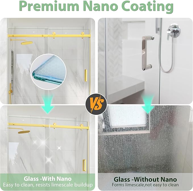 KPUY Frameless Sliding Bathtub Door, 55-60" W x 60" H Tub Shower Door, 1/4" (6mm) Thick Tempered Clear Glass with Explosion-Proof Film Nano Coating, Brushed Gold