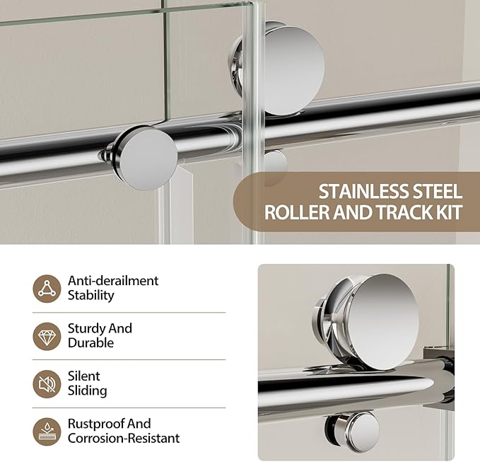 Frameless Bathtub Shower Doors 56-60" W x 60" H, 5/16" Tempered Glass Sliding Shower Door for Bath Tub with Explosion-Proof Film and Nano-Coating, Stainless Steel Components in Chrome
