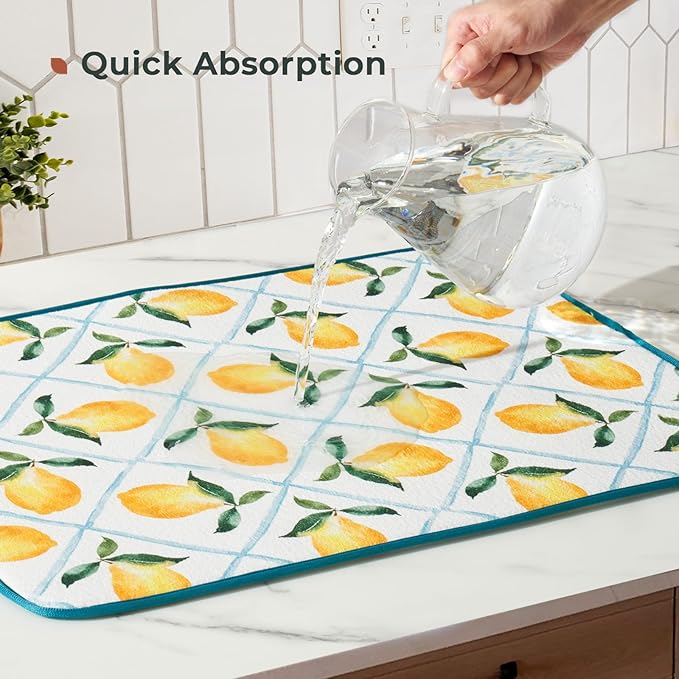 FRESHMINT Printed Dish Drying Mat for Kitchen Counter 2 Pack Absorbent Reversible Drying Mats Microfiber Kitchen Drying Mat, Extra Large Dishes Drainer Mats (18"x16", Lemon)