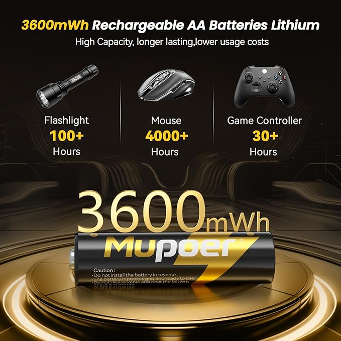 Rechargeable Lithium Batteries AA 8-Pack with Charger, 1.5V Double A Batteries 3600mWh, Long Lasting Rechargeable AA Li-ion Battery with Integrated Charging Storage Box - Golden