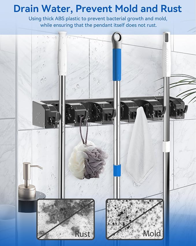 AceMining Broom Holder Wall Mounted, 5 Holders and 6 Hooks Mop Holder, ABS Plastic Brush Holder, Thick and Durable Mop and Broom Holder, Broom Storage, Broom Hook, Mop Wall Holder Black