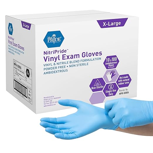 MED PRIDE Nitrile/Vinyl Blend Exam Gloves, Powder-Free, Latex-Free, Disposable, Non-Sterile, Blue (1000, X-Large)