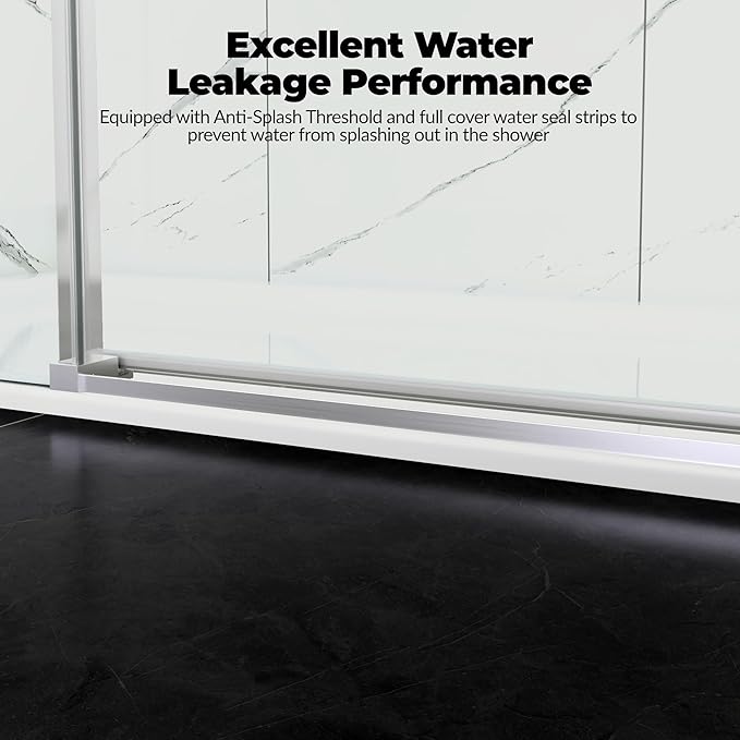 56-60" W x 76" h Frameless Sliding Shower Door – Waterproof Glass Shower Door-1/4 Tempered Clear Glass with Explosion-Proof Film, Brushed Nickel Handle & Seal Strip
