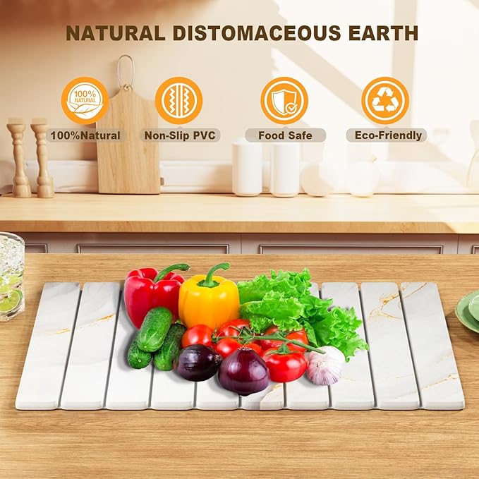 Dayacoco Stone Drying Mat for Kitchen Counter, Large Quick Dry Stone Mat, Collapsible Diatomaceous Earth Mats for Dishes Bottles Cups, Fits Any Countertop,23"×15.3",White gold