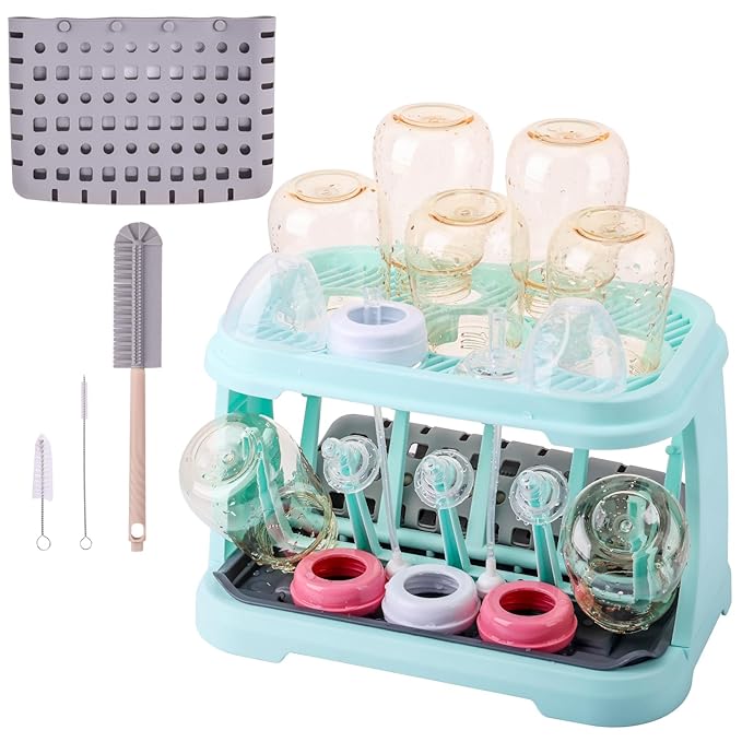Baby Bottle Drying Rack with Brush & Dishwasher Basket - Space Saving Standing Drying Rack for Baby Bottles, Pump Parts & Accessories, Compact Organizer Holds Up to 8 Bottles (Blue)