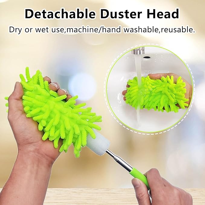 2 Pack Extendable Microfiber Feather Duster for Cleaning, Washable Dusters, Up to 30 Inch Reachable, Wet and Dry Use Cleaning Tools for Car, Ceiling Fan, Window, Furniture, Office