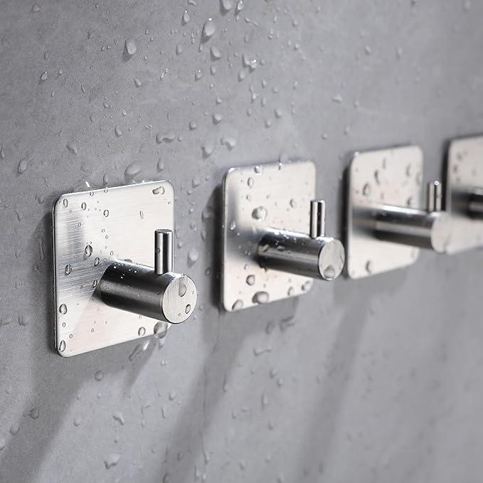 YIGII Silver Adhesive Towel Hooks - 4 Pack Stainless Steel Wall Hook for Hanging Towels, Robe, Coat, Heavy Duty Coat Hooks Stick on Bathroom, Kitchen