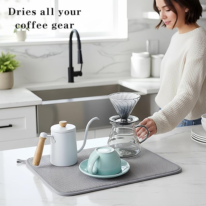 Dish Drying Mat 2 Pack, Dish Drying Mats for Kitchen Counter, Absorbent Dish Drainer Mat Kitchen Drying Pad - Microfiber, Grey, 11.8 by 15.7 Inch