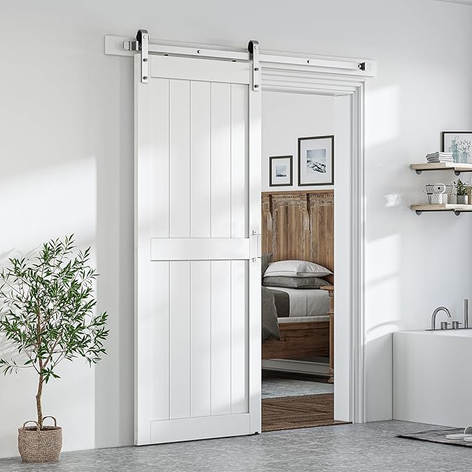 SmartStandard 34 x 84 inch White Sliding MDF Barn Door with 6FT Brushed Nickel Sliding Door Hardware Kit & Handle, Pre-Drilled Ready to Assemble, Waterproof PVC Coating, H-Frame