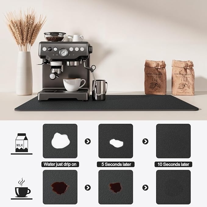Dish Drying Mat for Kitchen Counter | Coffee Bar Mat for Countertops | Heat Resistant Drainer Mat with Non-slip Rubber Backed | Hide Stain Kitchen Absorbent Draining Mat | Black 16"x20"