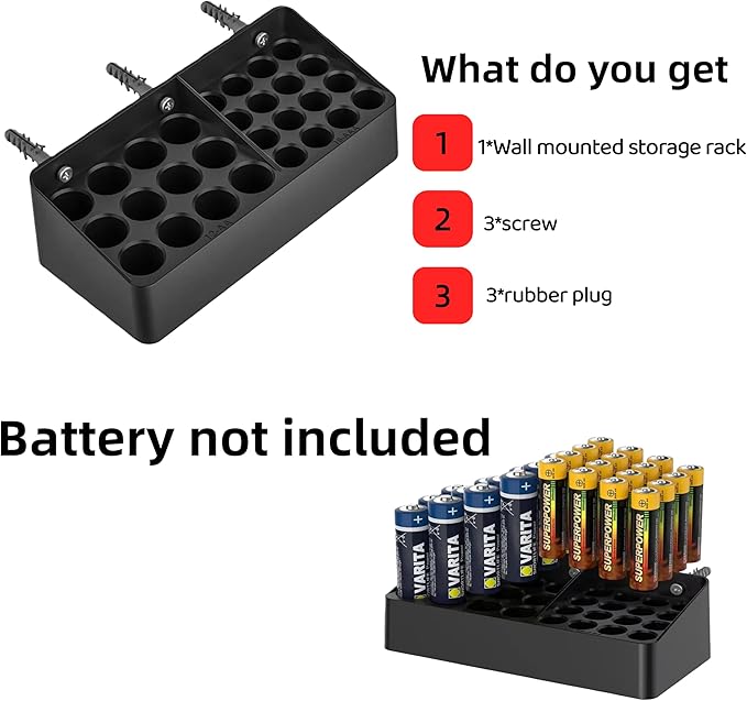 Battery Storage Organizer Battery Storage Box Black Fits 16 AAA & 12 AA Batteries Divided Battery Holder Fits Wall,Cabinets,Drawers (Case Not Includes Batteries)