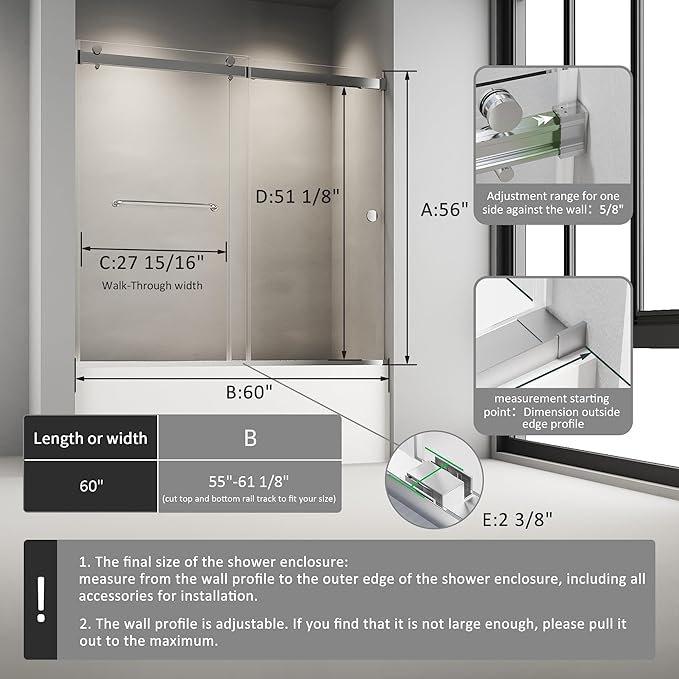 Bathtub Sliding Door, 55"-60" W x 56" H Tub Shower Door, Bathtub Glass Door, Bathtub Double Sliding Tempered Glass Explosion-Proof Film Stainless Steel Brushed Silver