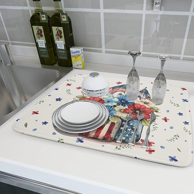 Giwawa American Patriotic Floral Dish Drying Mat Flower Vase Drainer Rack Mats 18"x24" Absorbent Microfiber Dish Dry Pad for Kitchen Counter Sink