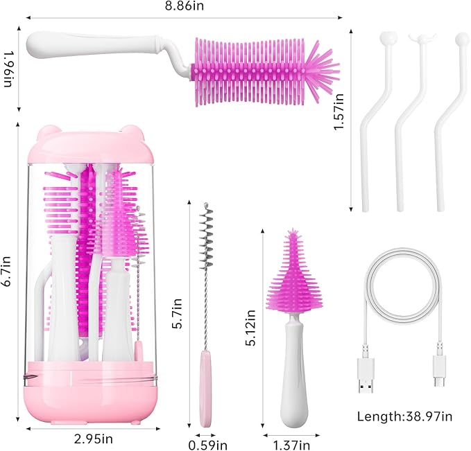 Bottle Brush Set,Travel Bottle Cleaner Kit with Baby Bottle Brush,UV Light,Straw Brush,Nipple Brush,Bottle Drying Rack for Home and Travel