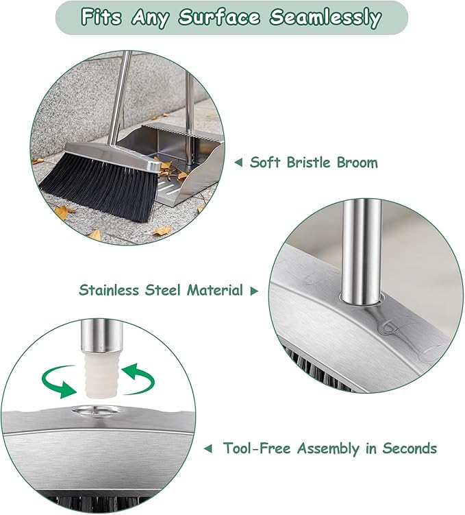Dust Pans with Long Handle,Heavy Duty Metal Dust Pan with Handle,Upright Stand Up Dustpan with Dust Pan Teeth to Clean Hair for Home Kitchen Office Lobby Floor Garden