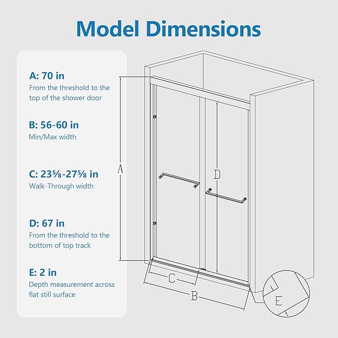 56"-60" W x 70" H Semi-Frameless Double Sliding Bypass Shower Door, 1/4" (6mm) SGCC Tempered Glass Shower Door, Brushed Nickel Finish