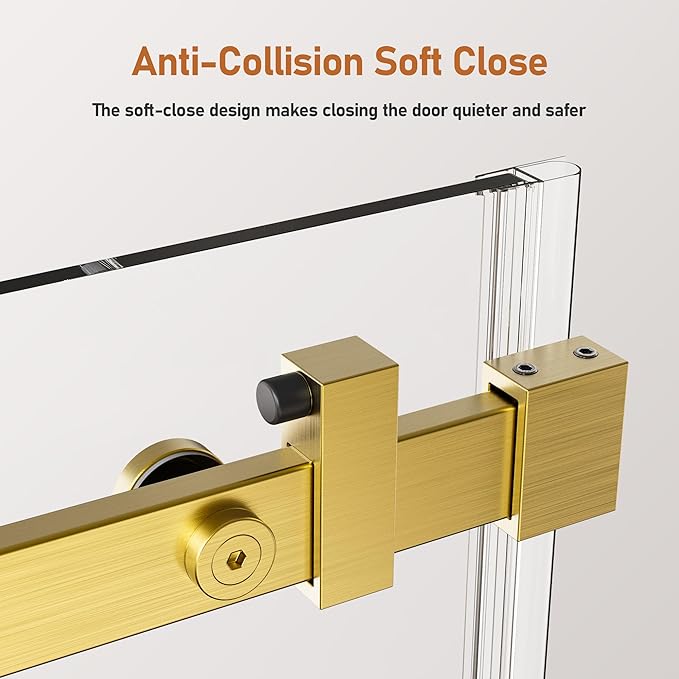 56-60 Inch Frameless Sliding Shower Door, 74" Height, 5/16" (8mm) Clear Tempered Glass, Smooth Gliding Track & Anti-Jumping System, Stainless Steel Brushed Gold Finish