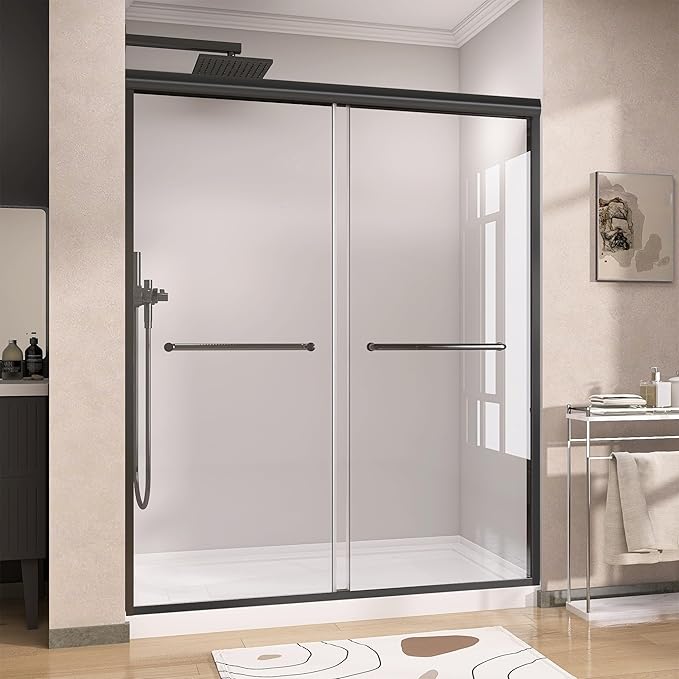 GETPRO Shower Door 56-60 in. W x 72 in. H Semi-Frameless Double Sliding Shower Doors, Bypass Glass Door for Walk-in Shower with 5/16 inch Tempered Glass Matte Black