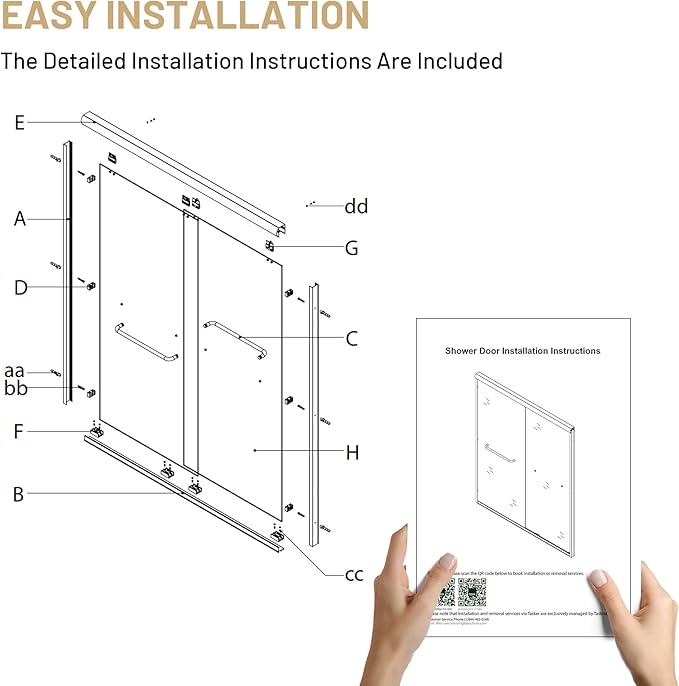 50-54" W x 70" H Double Sliding Shower Door, Semi-Frameless Shower Door with 1/4"(6mm) Clear Tempered Glass, Silent Soft-Close Door for Walk-in Shower, Matt Black