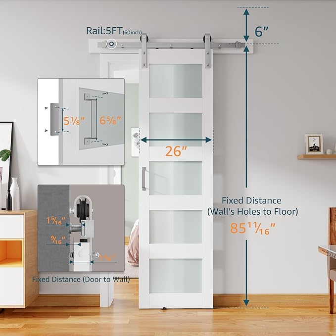 26'' x 84'' Glass Barn Door and 5 Ft Brushed Nickel Hardware Kit Included, MDF White Barn Door Slab with Frosted Glass, PVC Surface, Combined with Handle and Floor Guide-Assembly Required