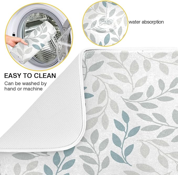Grey and Blue Leaves branches Dish Drying Mat 16x18 for Kitchen Gray Leaves Botanical Spring Flowers Dishes Pad Dish Drainer Rack Mats Absorbent Fast Dry Kitchen Accessories