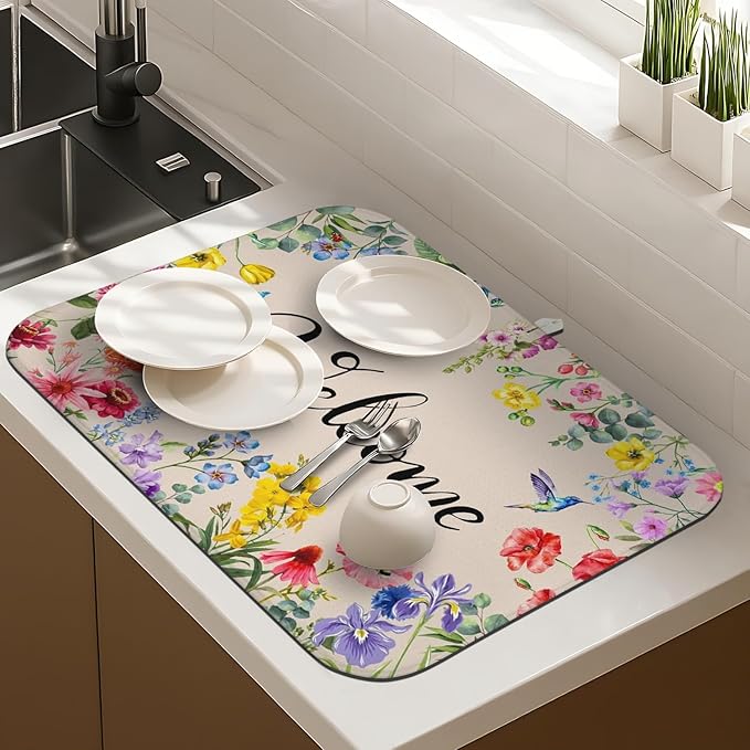 Dish Drying Mat Drainer Pads - Extra Large Microfiber Drying Mats for Dishes Spring Summer Flower Kitchen Counter Super Absorbent Pads for Draining Racks (18"x24" )
