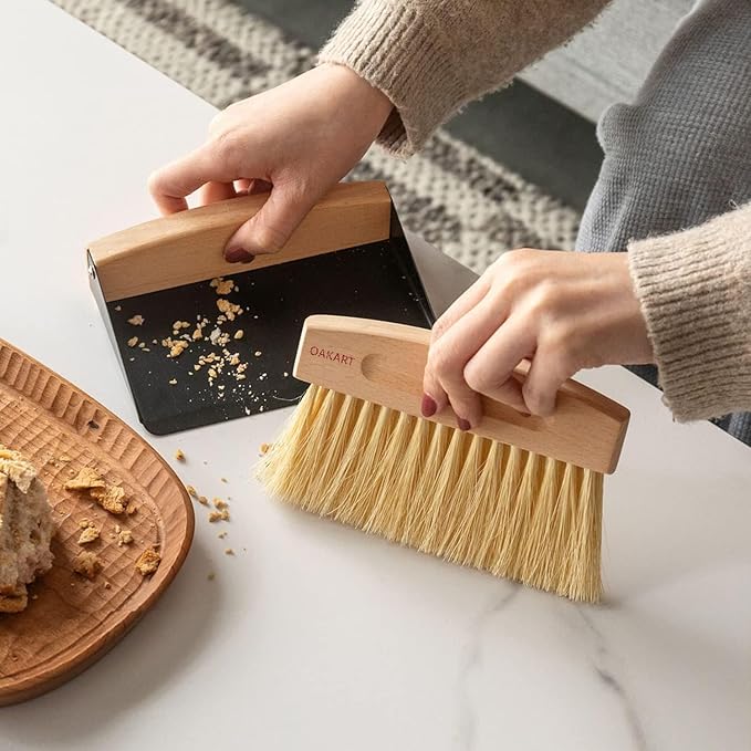 Mini Metal Dustpan and Brush Set for Sweeping Crumbs Fireplace, Natural Table Sweeper Combo (White)