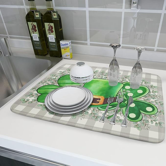 Khope St Patrick's Day Dish Drying Mat for Kitchen Counter 18x24 Inch Green Shamrock Hat Eucalyptus Leaves Reusable Washable Drying Pad Countertop Home Decor