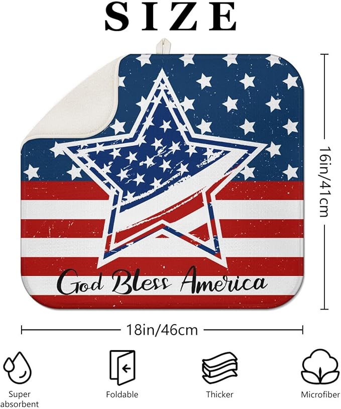 4th of July Dish Drying Mat for Kitchen Counter,Independence Day Stars Memorial Fallen Soldiers Microfiber Drying Mat, Washable Absorbent Patriot Kitchen Countertop Dish Mat Draining Mat 16×18 Inch