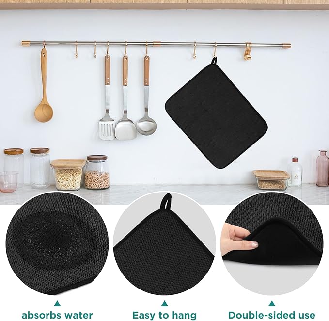 Microfiber Dish Drying Mat, Super Absorbent Kitchen Dish Drying Pad, Reversible for Countertop, 15*20 inch Black