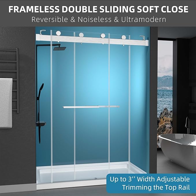 GETPRO Sliding Shower Door 57-60" W x 79" H Frameless Bathroom Double Sliding Glass Doors 3/8 Inch Clear Tempered Glass Door for Walk-in Shower with Soft Close and Width Adjustable Brushed Nickel