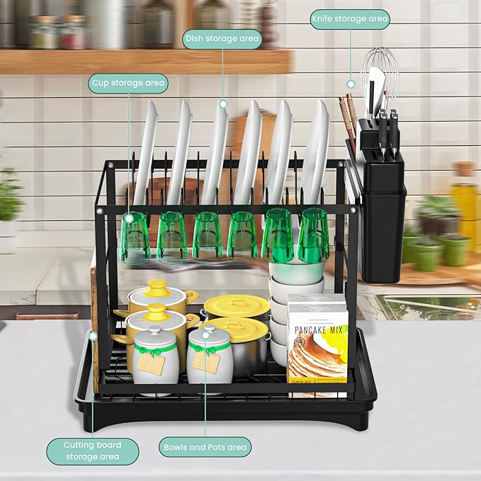 Dish Drying Rack,2-Tier Dish Racks for Kitchen Counterwith Drainboard & Utensil Holder, Large Dish Drying Rack for Bowls/Cups/Bottles(Black)