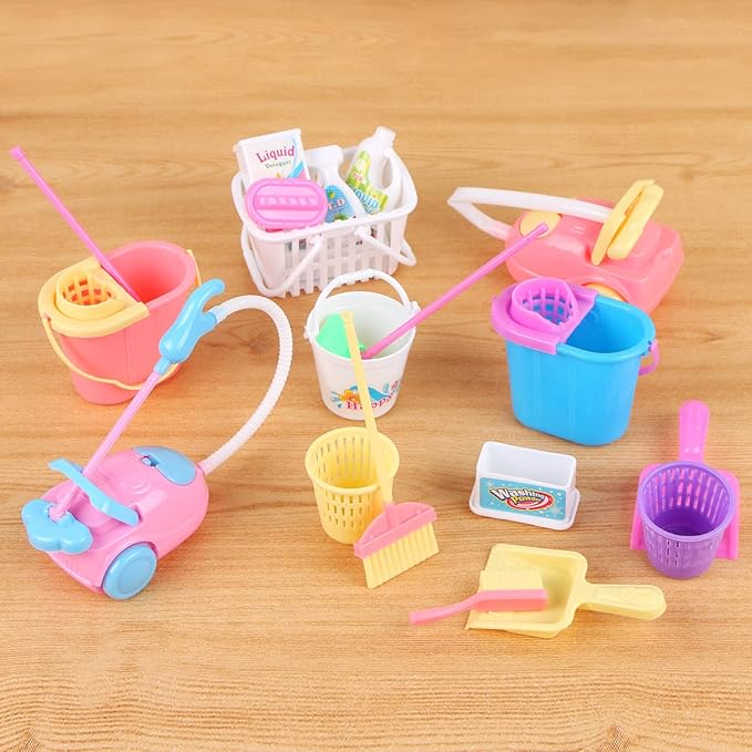 22 Pcs Miniature Dollhouse Cleaning Supplies Mini Bucket Mop Dust Pan Brush Broom Mini Housework Cute Cleaning Supplies Tools Miniature Furniture Dollhouse Decoration Accessories