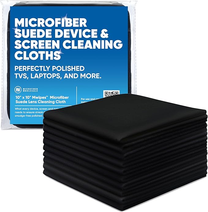 Premium Screen Cleaning Cloth by Microfiber Wholesale | Black | 10”x10” | 10pk | Soft Microfiber Suede | Mid-Size Reusable | No Lint Scratch-Free Durable | TVs Laptops Monitors
