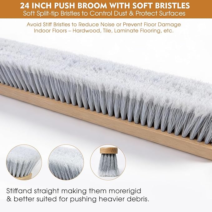 24-Inch Push Broom Set for Indoor & Outdoor Cleaning, Heavy Duty Sweeping Brooms with 61-Inch Solid Wood Handle, Soft & Stiff Bristle Combo for Garage, Shop, Patio & Home (2-Pack)