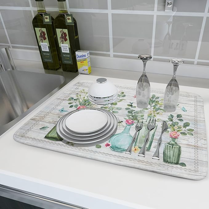 Fern Leaf Vase Dish Drying Mat 18x24 Inch Eucalyptus Leaves Microfiber Absorbent Dish Drainer Mat Reversible Drying Pad for Kitchen Counter Sink