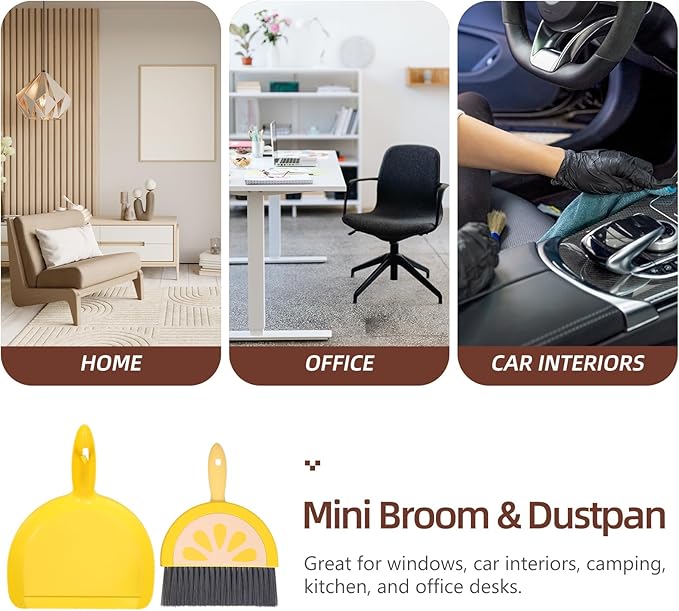 VOSAREA Small Dustpan and Brush Set, Lemon Mini Dustpan and Brush Whisk Broom and Dust Pan Set, Tiny Cleaning Broom Mini Hand Broom for Table, Desk, Keyboard Pet Nest