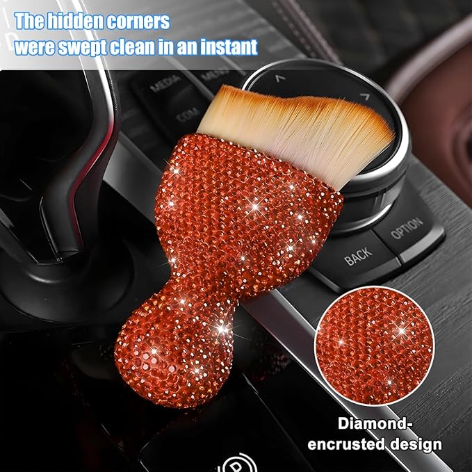 Bling Car Detailing Brush, Crystal Rhinestone Non-Scratch Vehicle Cleaning Dust Brush for Air Vent & Dashboard, Soft Bristles Automotive Interior Cleaning Tool, Universal Fit (Orange Red)