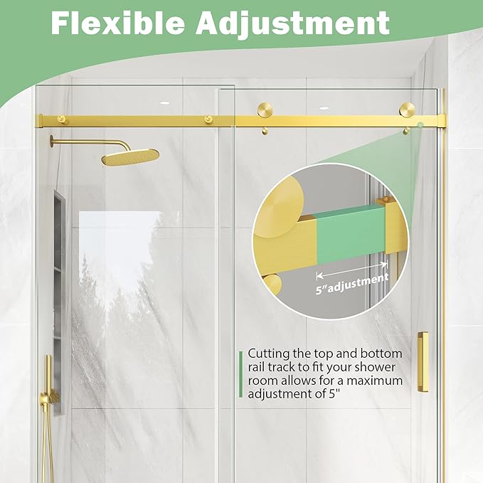 KPUY Frameless Shower Door, 55-60" W x 76" H Sliding Glass Shower Door, 1/4" (6mm) Thick Tempered Clear Glass with Explosion-Proof Film Nano Coating, Brushed Gold