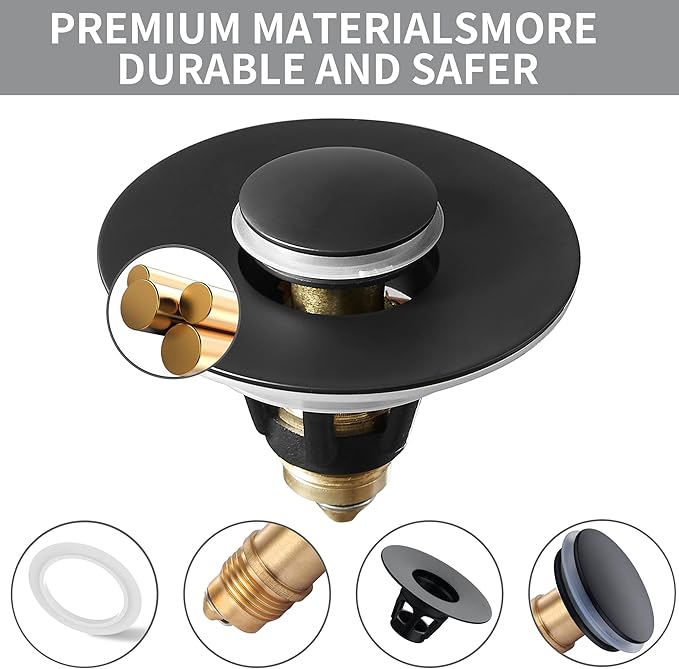 Fransiton 2 Pack Bathroom Sink Drain Stopper, 1.1-1.77 Inch Basin Pop Up Black Sink Drain Stopper, Anti Clogging Drain Plug with Detachable Hair Catcher, Matte Black