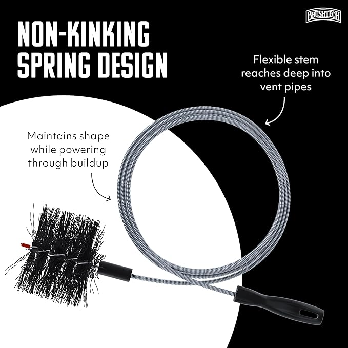 Brushtech Pellet Stove Cleaning Brush Kit - 10-Foot Non-Kinking Spring Brush for 3-Inch Vent Pipes with Bonus Steel Ash Brush - Safe Airflow Maintenance for Stove Pipes