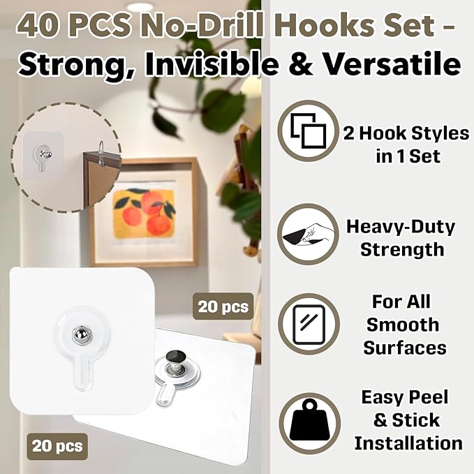 40 PCs Wall Hangers Without Nails, 2 Types Adhesive Hooks for Hanging（Hooks & Screw） Picture Hangers Without Nails, No Nail Picture Hangers, Adhesive Picture Hangers for Multiple Use, No Drill Needed
