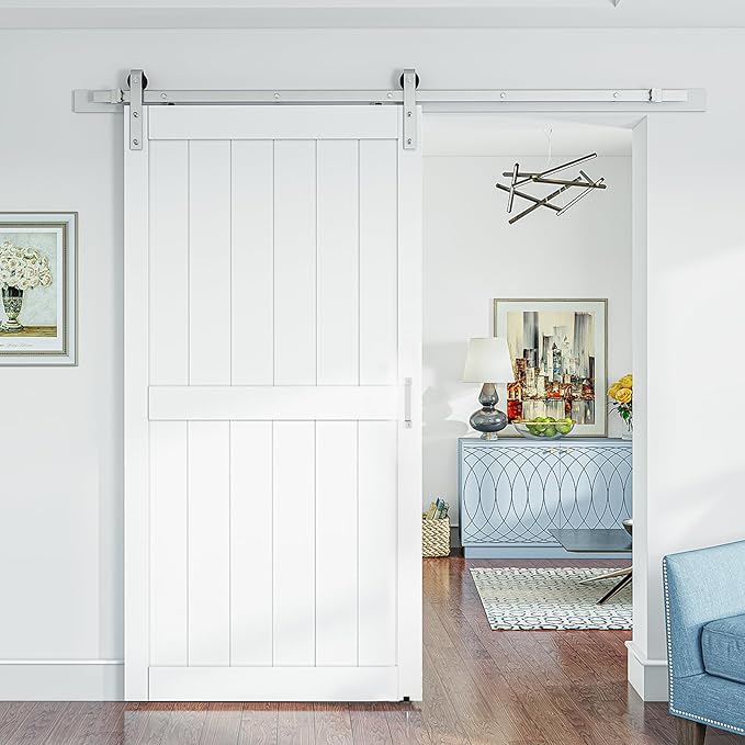 SmartStandard 42 x 84 inch White Sliding MDF Barn Door with 7FT Brushed Nickel Sliding Door Hardware Kit & Handle, Pre-Drilled Ready to Assemble, Waterproof PVC Coating, H-Frame