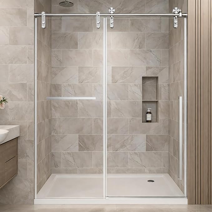 44-48" W x 76" H Frameless Shower Glass Door, Sliding Shower Door for Bathroom, 5/16"(8mm) Tempered Glass Shower Doors for Walk in Shower with Explosion-Proof Film, Brushed Nickel,Easy to Clean