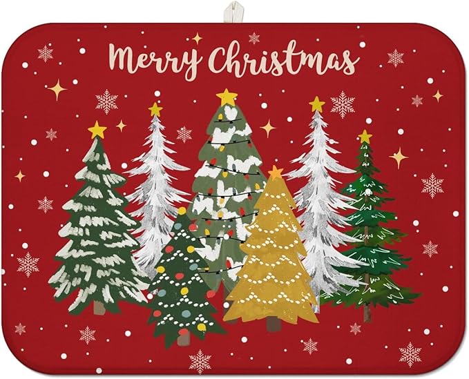 Christmas Kitchen Countertop Dish Drying Mat, Red Christmas Tree Snowflake Pattern Microfiber Kitchen Drying Mat, Washable Absorbent Countertop Xmas Winter Holiday Dish Mat Drainer,18x24Inch