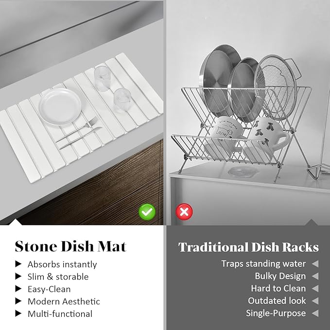 Extra Large Stone Dish Drying Mats for Kitchen Counter, 28"(L)×16"(W), Eco - Friendly Diatomaceous Stone Mats, Non - Slip Collapsible Absorbent Stone Dish Drying Mat for Multi - Purpose