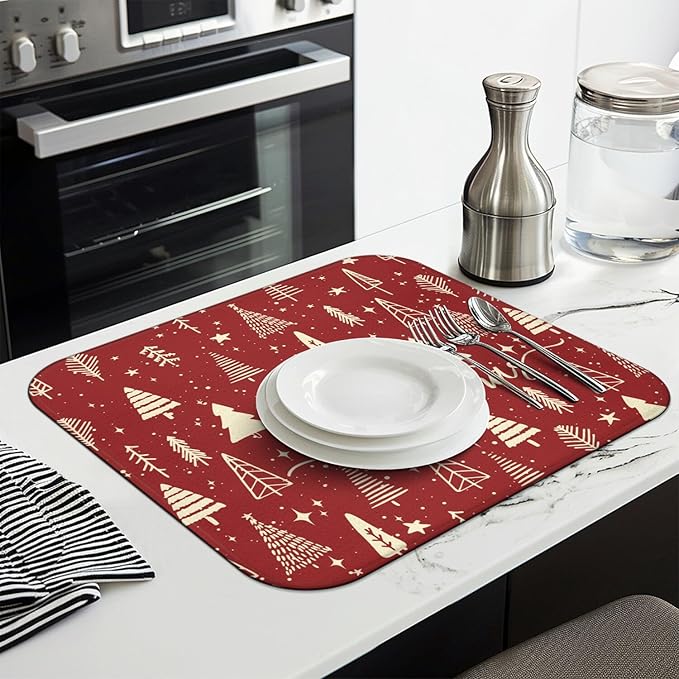 Christmas Kitchen Countertop Dish Drying Mat, Red Christmas Tree Snowflake Pattern Microfiber Kitchen Drying Mat, Washable Absorbent Countertop Xmas Winter Holiday Dish Mat Drainer,16x18In