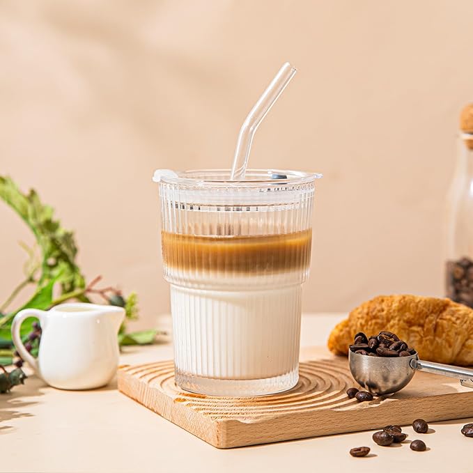 13oz Glass Tumblers with Lids and Straws, Set of 2 - Stylish Ribbed Design Drinking Glasses for Iced Coffee, Juice, Smoothies, Cold Beverages, Includes Cleaning Brush, Durable Glassware