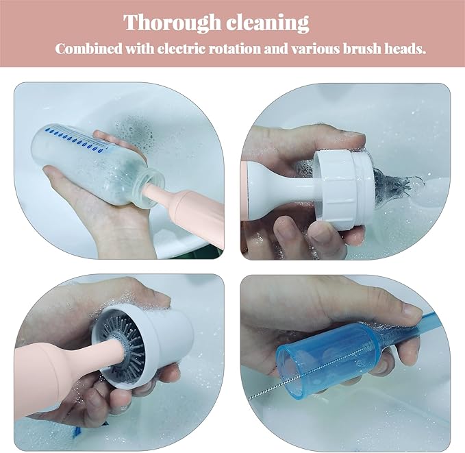 Electric Cleaning Brush with USB Rechargeable Electric Bottle Brush Cleaner and 3 Replaceable Silicone Bottle Brushes and Straw Cleaner Brush,Perfect Baby Gifts and Kitchen Brushes(Pink)